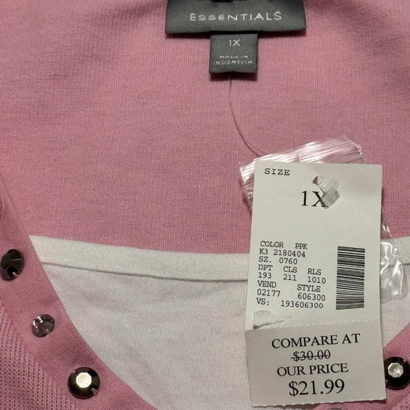 pink 3/4 sleeve blouse with rock and crystal stone on v neck shape size 1x - Picture 3 of 4